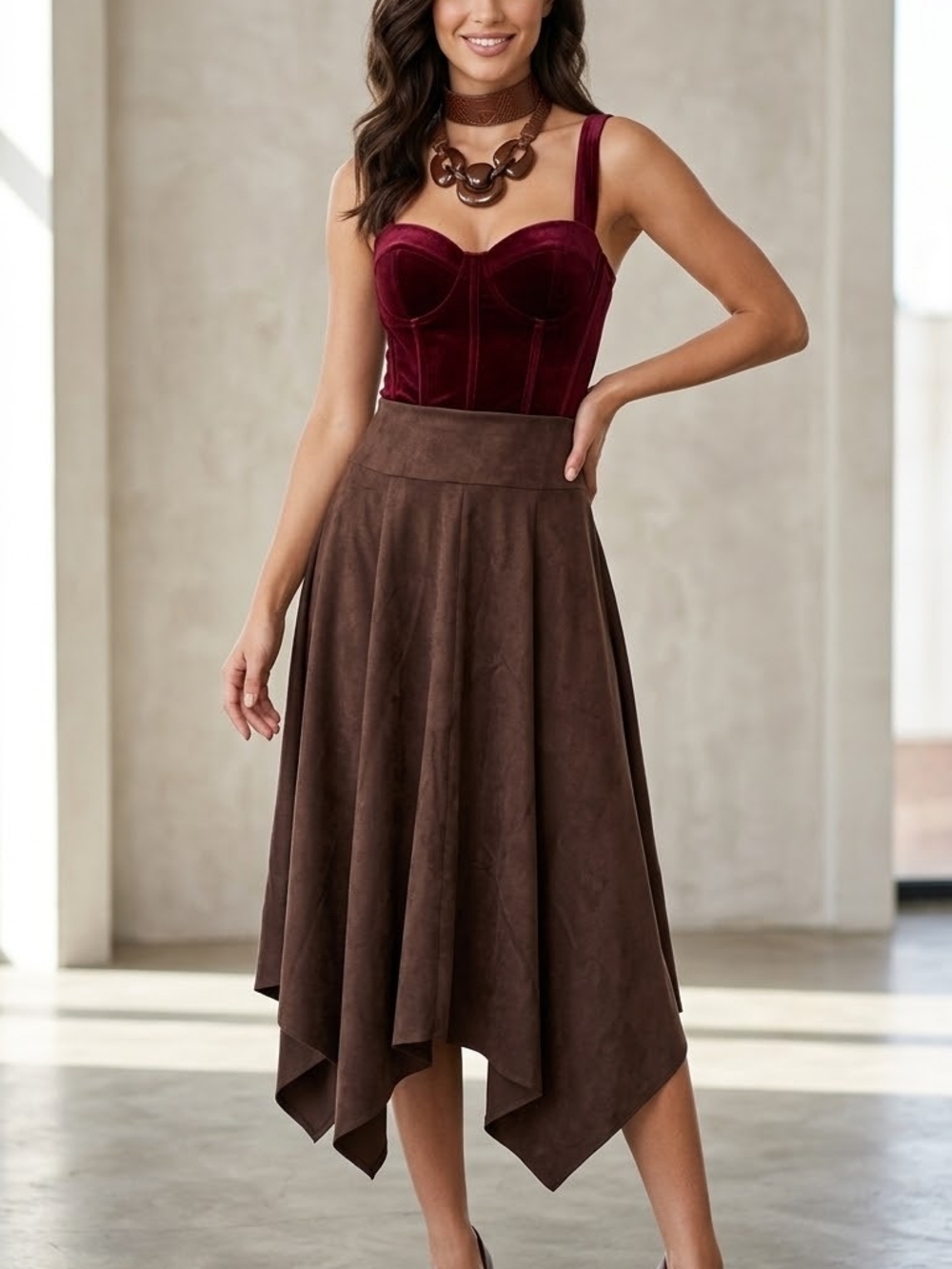 Women's Brown Asymmetric Handkerchief Hem Skirt - Brown- Faux Suede